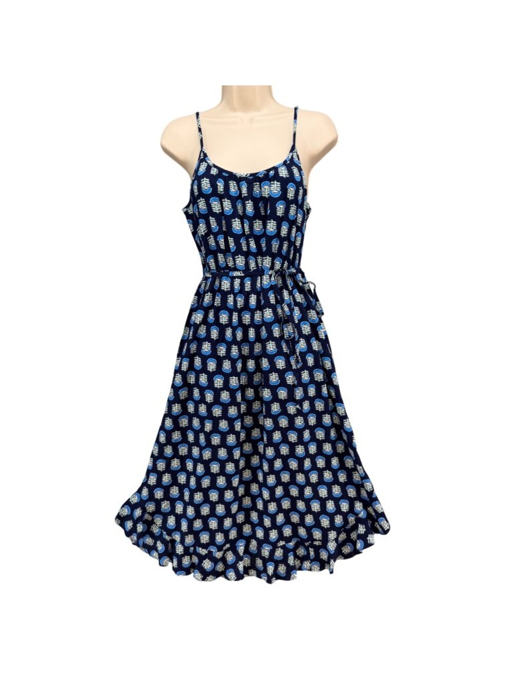 J.CREW Ruffle Midi Dress Blue Floral Sleeveless Curved Hem Pockets Sundress Sz 2